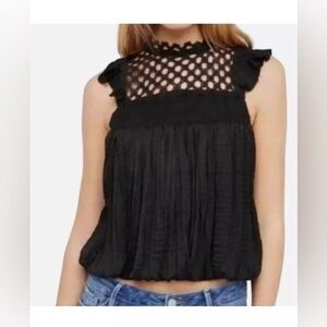 Free People One Women's Black Brittany Eyelet Flutter Sleeve Top